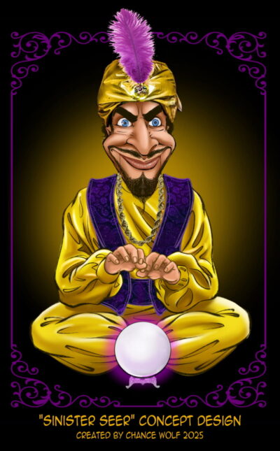 Cartoonish fortune teller with crystal ball.