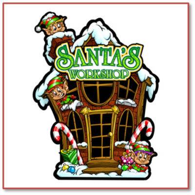 Colorful illustration of Santa's Workshop with elves.