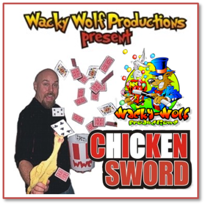 Man holding toy chicken sword and cards.