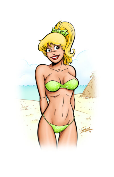 Cartoon character in green bikini at beach.