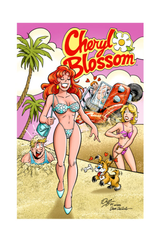 Cheryl Blossom on a beach in swimwear.