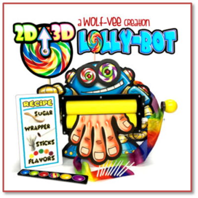 Colorful Lolly-Bot toy with candy-making elements.