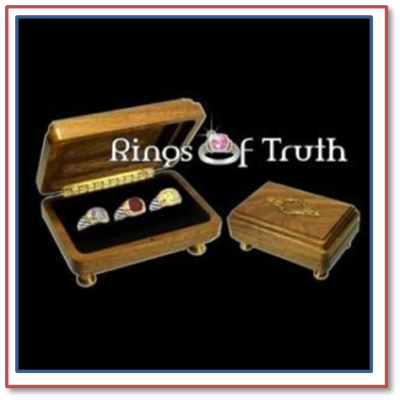 Jewelry boxes displaying Rings of Truth.