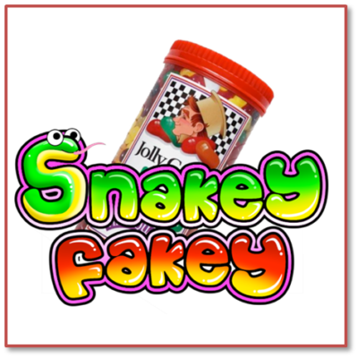 Jelly bean can with Snakey Fakey magic trick logo to the front