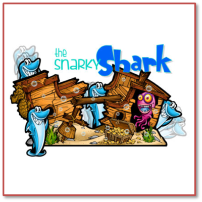 Cartoon sharks around a shipwreck scene.