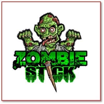 Cartoon image of a zombie with the words zombie stick to the front